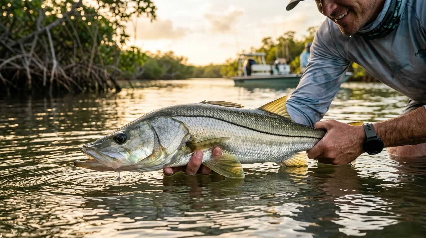 Foto de abertura: pescador exibindo robalo prateado na água cristalina do estuário, 1600 × 1000